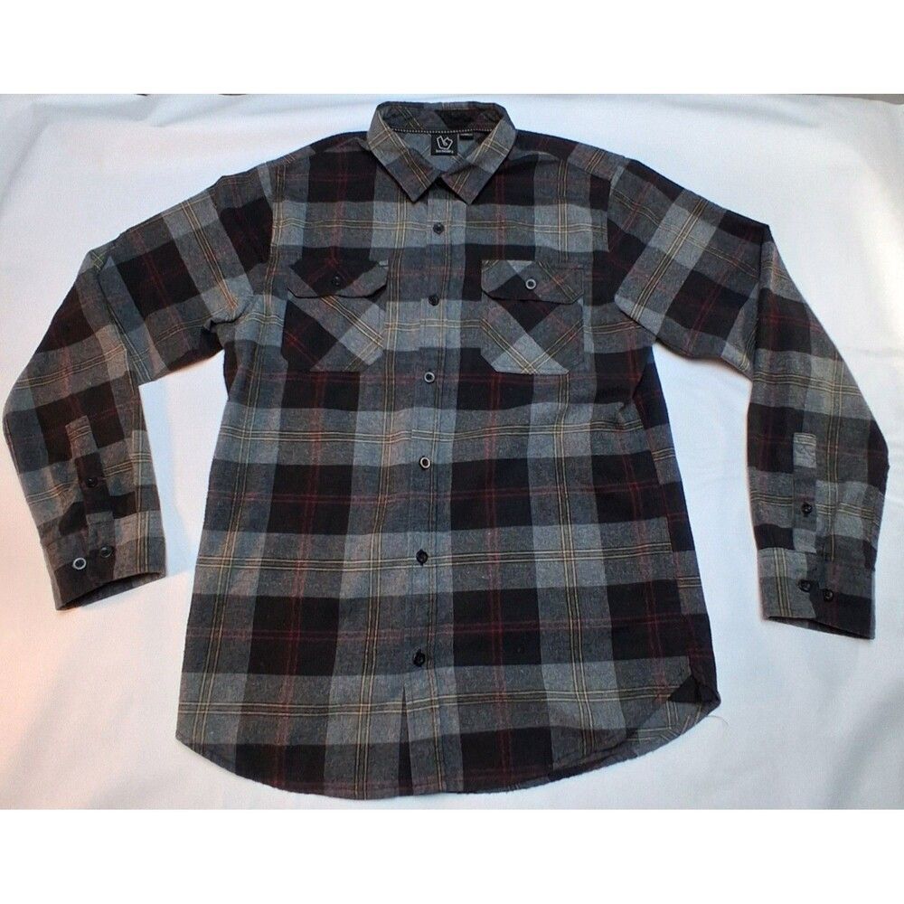 Burnside Flannel Shirt M Gray Black Plaid Long Sleeve Button Front Cabin Rugged